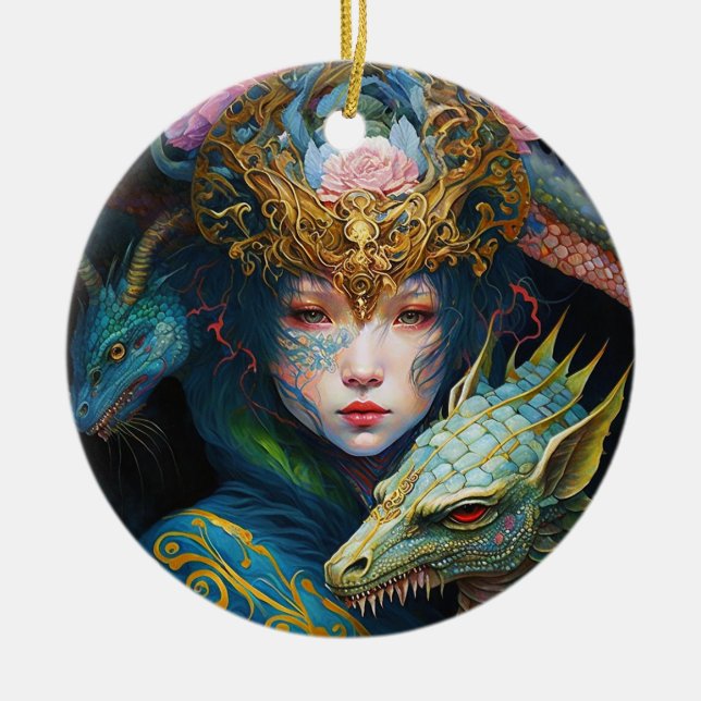 Fantasy Art Dragon Goddess Queen Ceramic Ornament (Front)