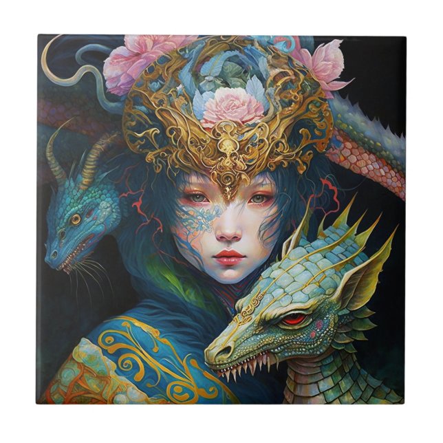 Fantasy Art Dragon Goddess Queen Ceramic Tile (Front)