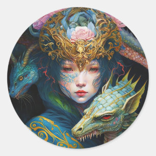 Fantasy Art Dragon Goddess Queen Classic Round Sti Sticker