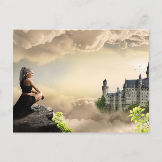 Fantasy Art Girl Overlooking Castle In The Clouds Postcard (Front)