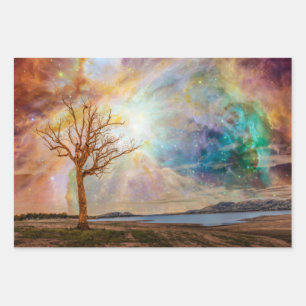 Fantasy Art Nothern Lights Landscape with Tree Wrapping Paper Sheet