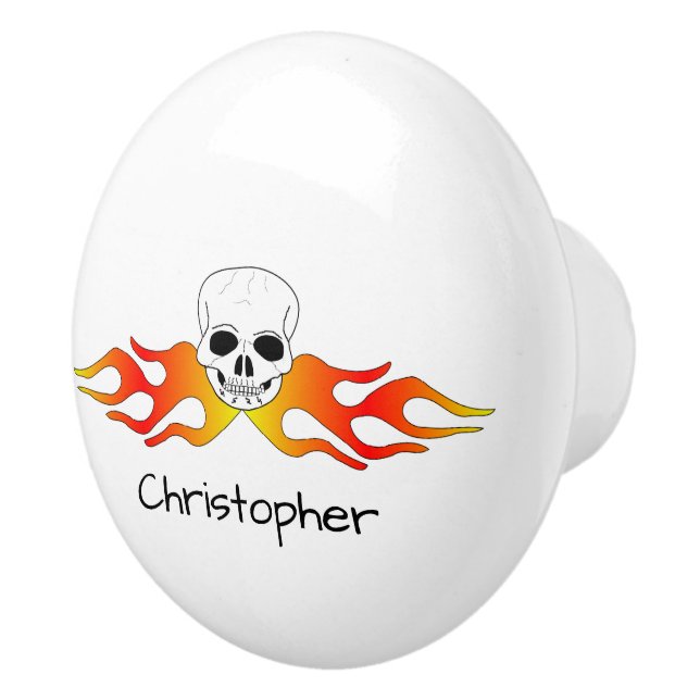 Fantasy Art Skull And Flames Design Personalised Ceramic Knob (Right)