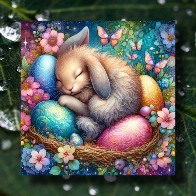 Fantasy Art Watercolor Bunny Easter Egg Flowers Holiday Card (Creator Uploaded)