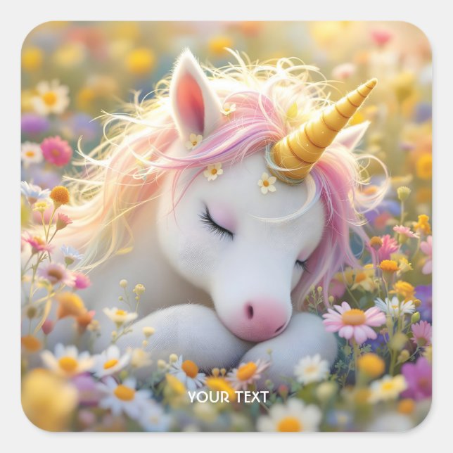 Fantasy Baby Unicorn Flowers Square Sticker (Front)