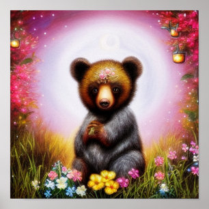 Fantasy bear cub and flowers poster