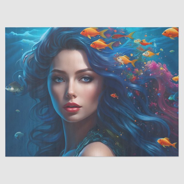 Fantasy Beautiful Blue Mermaid Decoupage Tissue Paper (Front)
