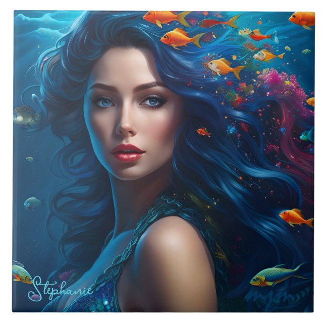 Fantasy Beautiful Blue Mermaid  Tile (Front)