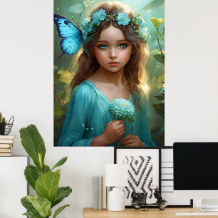 Fantasy Beautiful Cyan Green Fairy Girl Poster