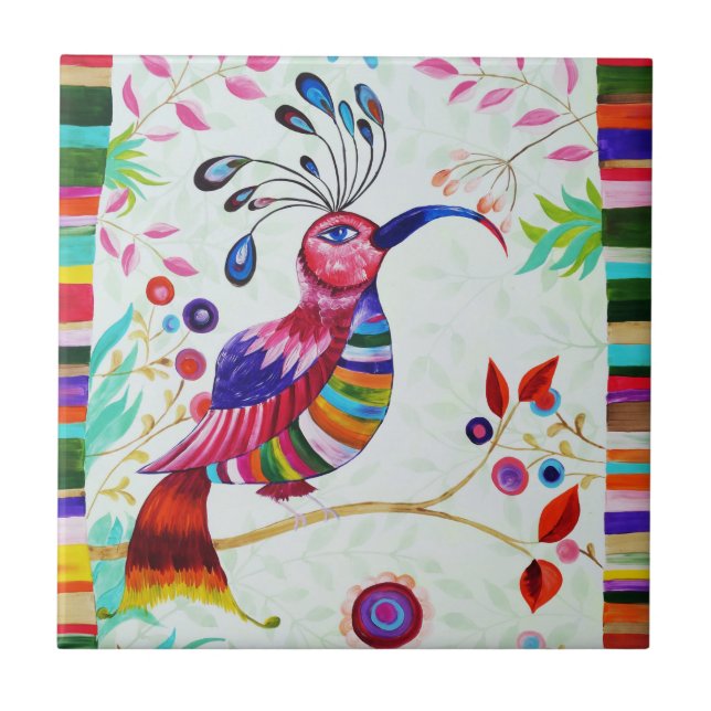 fantasy bird rainbow floral painting folk art tile (Front)