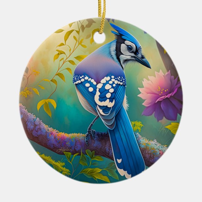 Fantasy Birds Blue Jay Ceramic Tree Decoration (Front)
