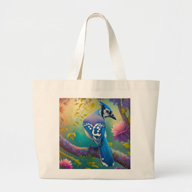 Fantasy Birds Blue Jay Large Tote Bag (Front)