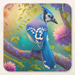 Fantasy Birds Blue Jay Square Paper Coaster