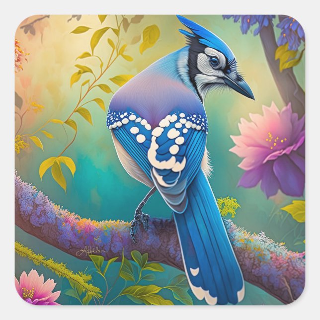 Fantasy Birds Blue Jay Square Sticker (Front)