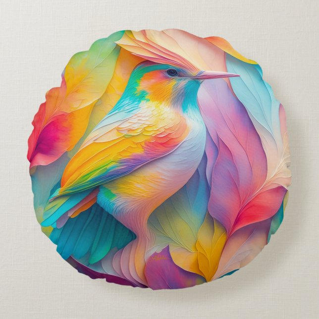 Fantasy Birds Silk Bird Round Cushion (Front)
