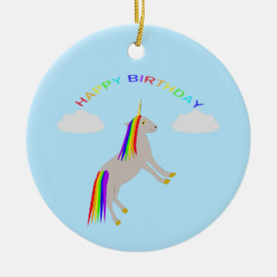 Fantasy Birthday Unicorn Rainbow and Clouds Ceramic Tree Decoration
