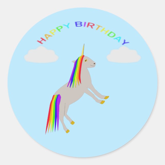 Fantasy Birthday Unicorn Rainbow and Clouds Classic Round Sticker (Front)
