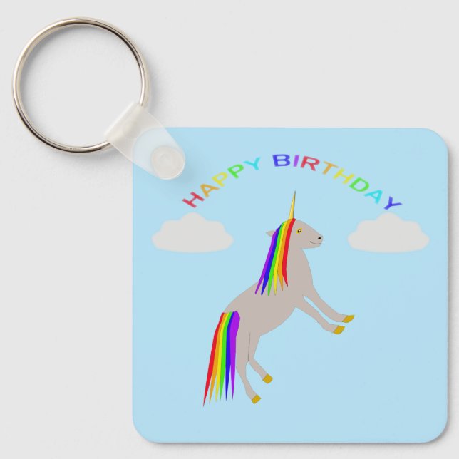 Fantasy Birthday Unicorn Rainbow and Clouds Custom Key Ring (Front)