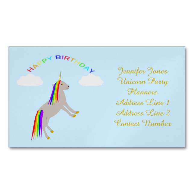 Fantasy Birthday Unicorn Rainbow and Clouds Custom Magnetic Business Card (Front)