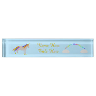 Fantasy Birthday Unicorn Rainbow and Clouds Custom Nameplate