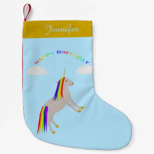 Fantasy Birthday Unicorn Rainbow and Clouds Custom Small Christmas Stocking
