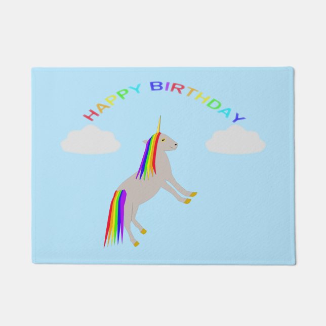 Fantasy Birthday Unicorn Rainbow and Clouds Doormat (Front)