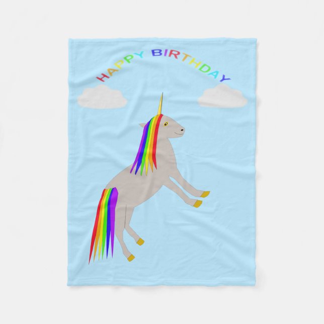 Fantasy Birthday Unicorn Rainbow and Clouds Fleece Blanket (Front)