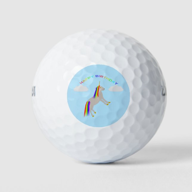 Fantasy Birthday Unicorn Rainbow and Clouds Golf Balls (Front)