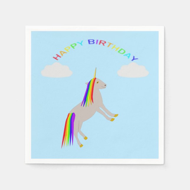 Fantasy Birthday Unicorn Rainbow and Clouds Napkin (Front)