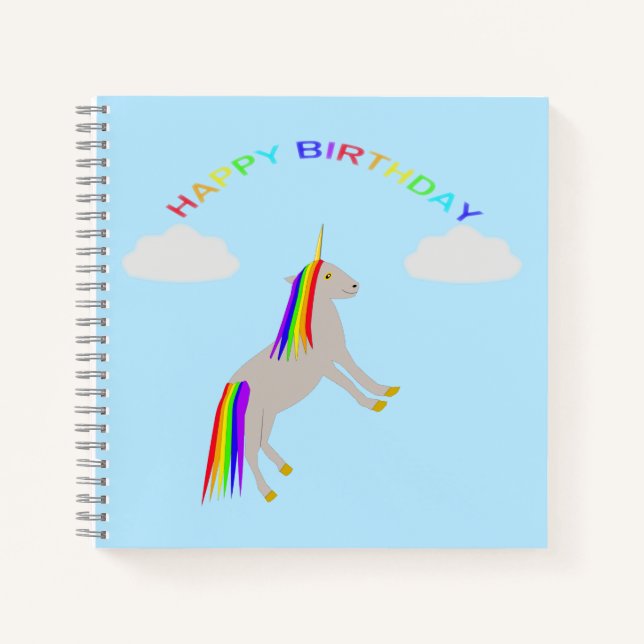 Fantasy Birthday Unicorn Rainbow and Clouds Notebook (Front)