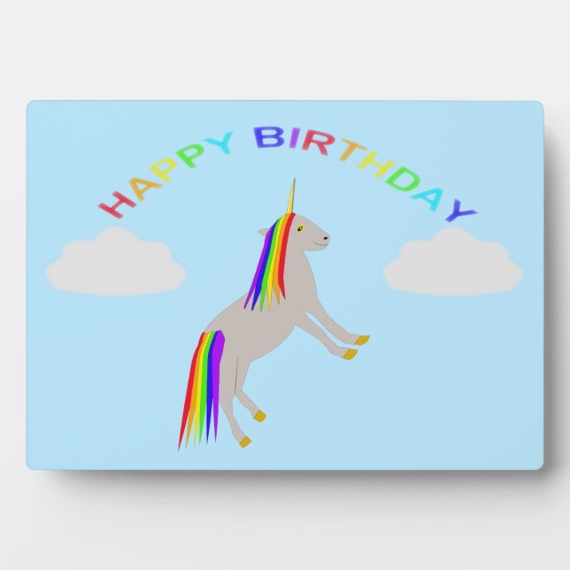 Fantasy Birthday Unicorn Rainbow and Clouds Plaque (Front)