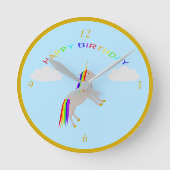 Fantasy Birthday Unicorn Rainbow and Clouds Round Clock (Front)