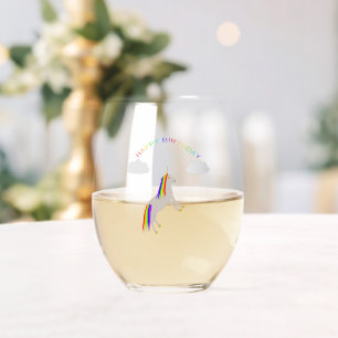 Fantasy Birthday Unicorn Rainbow and Clouds Stemless Wine Glass