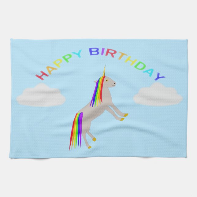 Fantasy Birthday Unicorn Rainbow and Clouds Tea Towel (Horizontal)