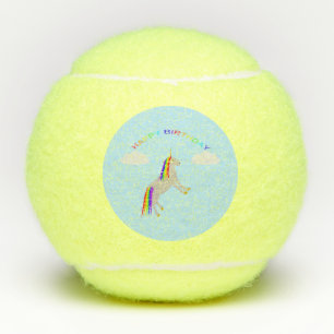 Fantasy Birthday Unicorn Rainbow and Clouds Tennis Balls