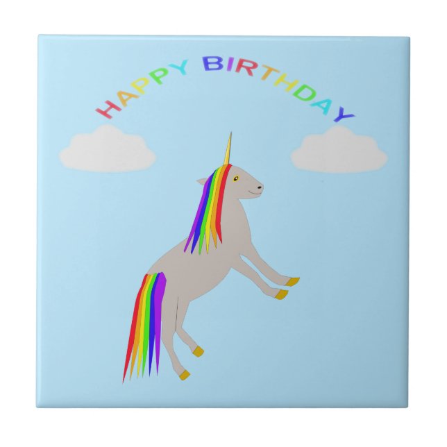 Fantasy Birthday Unicorn Rainbow and Clouds Tile (Front)