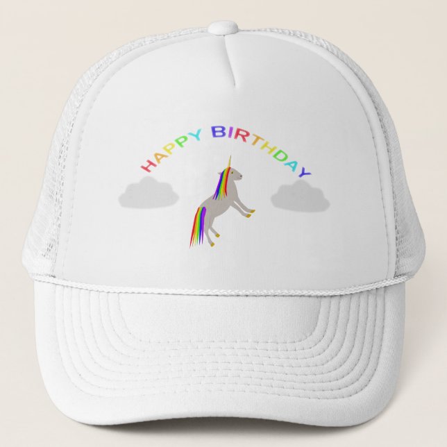 Fantasy Birthday Unicorn Rainbow and Clouds Trucker Hat (Front)