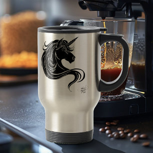 Fantasy Black Tribal Unicorn White Minimalist Travel Mug