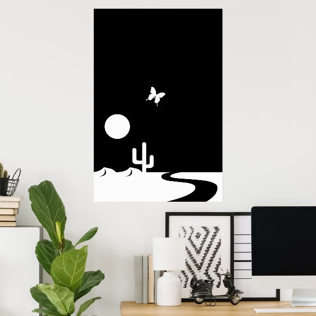 Fantasy Black/White Moonlight Butterfly Desert Poster (Home Office)