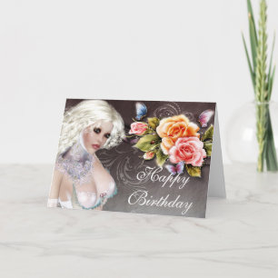 Fantasy Blonde with Roses Birthday Card