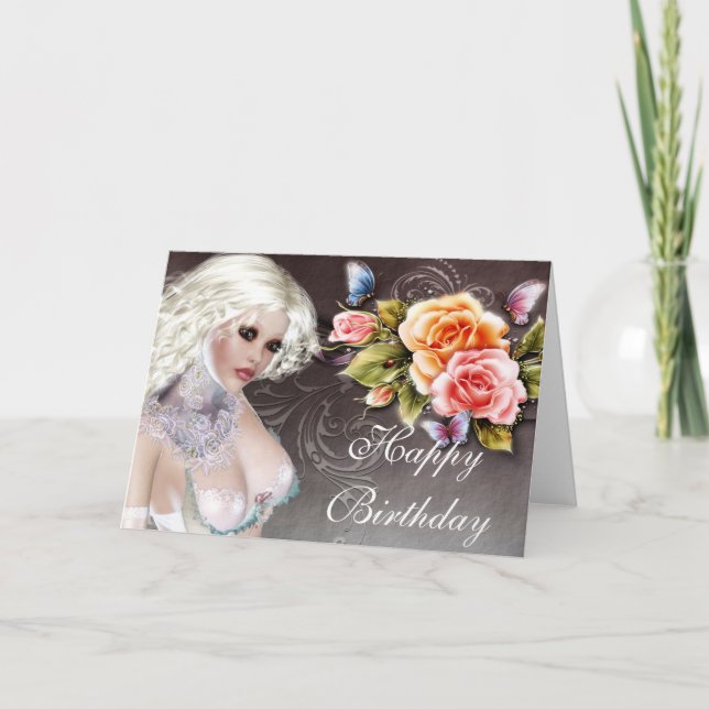 Fantasy Blonde with Roses Birthday Card (Front)