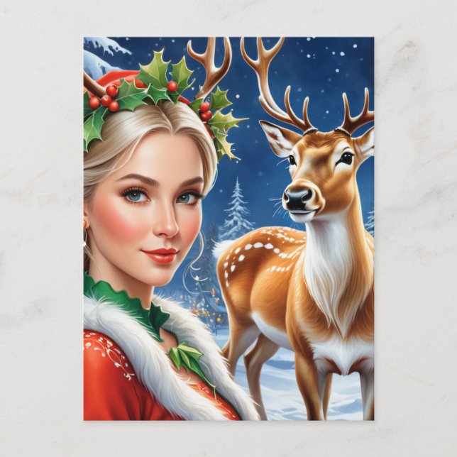 Fantasy blonde woman and deer Christmas Postcard (Front)