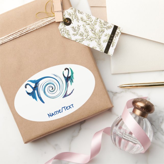 Fantasy Blue Dragons Mystical Custom Oval Sticker (Gifting)