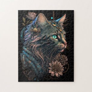 Fantasy blue eye cat  with flowers AI art Jigsaw Puzzle