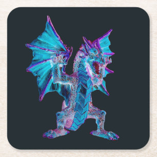 Fantasy Blue Fire Dragon Square Paper Coaster