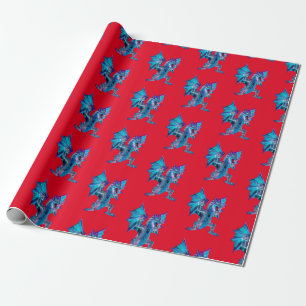 Fantasy Blue Fire Dragon Wrapping Paper Red
