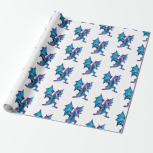 Fantasy Blue Fire Dragon Wrapping Paper White