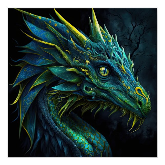 Fantasy blue green dragon with yellow eyes AI art Poster (Front)