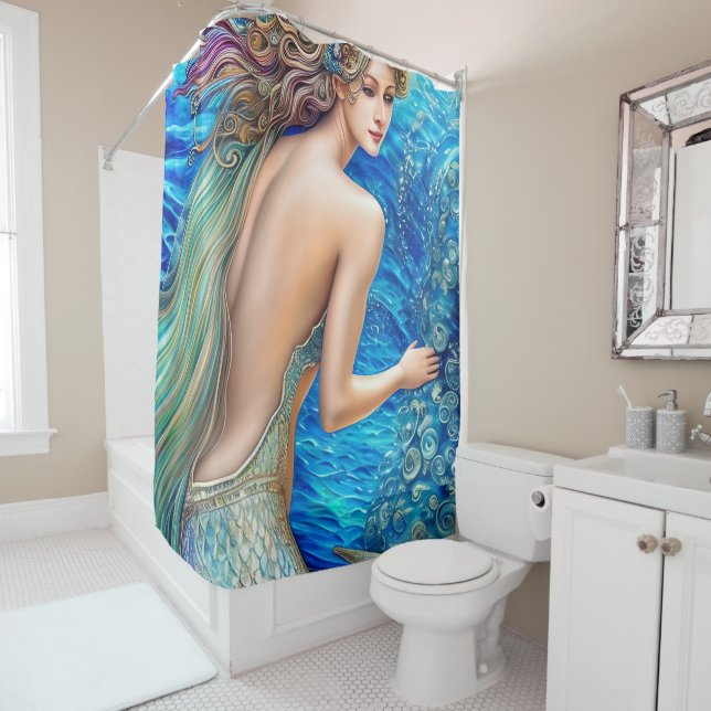 Fantasy Blue Mermaid Ocean Waves Art Shower Curtain (In Situ)