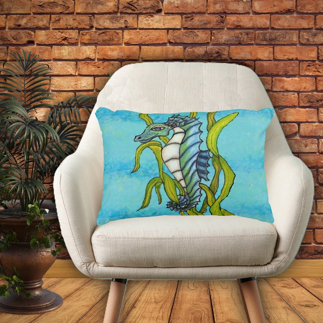 Fantasy Blue Sea Dragon Seahorse Seaweed Decorative Cushion (Fantasy aqua blue seahorse white stomach in green seaweed on blue home decor pillow.)