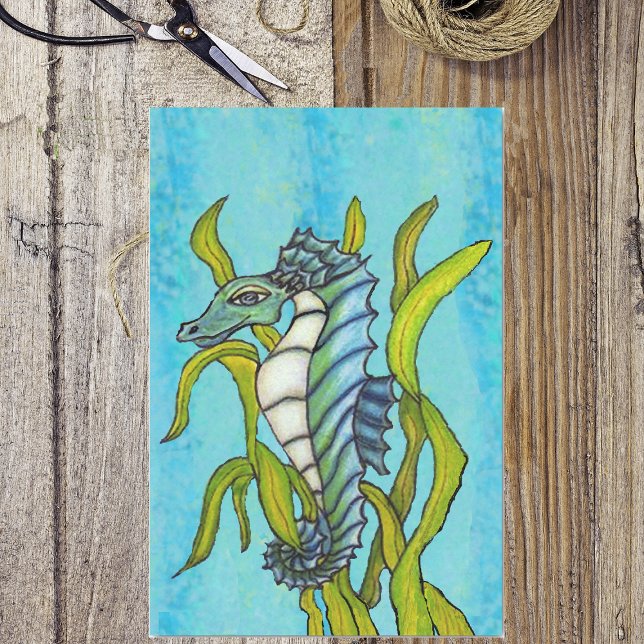 Fantasy Blue Sea Dragon Seahorse Seaweed Tissue Paper (Fantasy seahorse in aqua blue, green and white in seaweed on water blue tissue paper.)